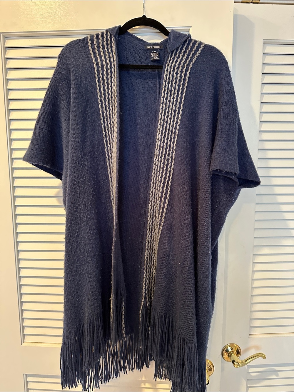 Max Edition Navy Hooded Fringe Poncho with Cream Trim